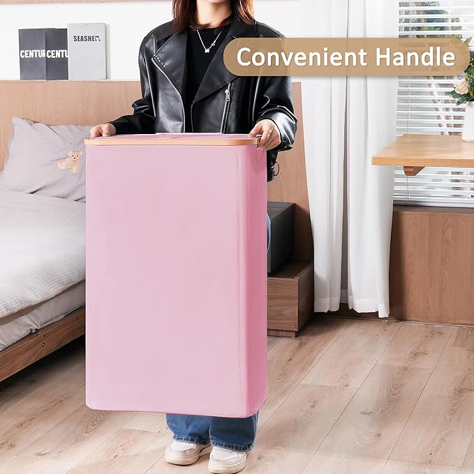 Slim Laundry Basket with Lid, Narrow Dirty Clothes Hampers for Laundry with Handle, Skinny Laundry Bin for Laundry Room, Dorm, Bedroom and Bathroom, 19.8 Gallon (75L) Pink