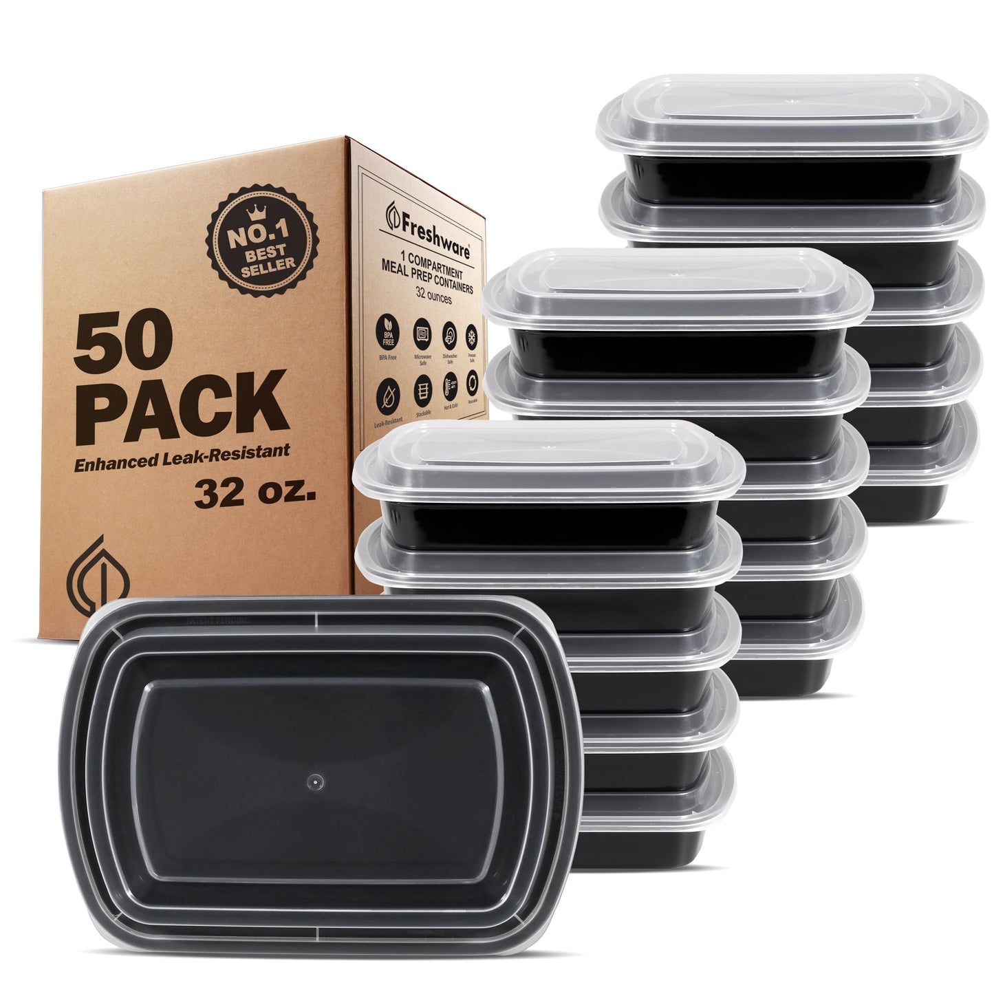 Freshware Meal Prep Containers [45 Pack] 1 Compartment with Lids, Food Storage Containers, Bento Box, BPA Free, Stackable, Microwave/Dishwasher/Freezer Safe (38 oz)