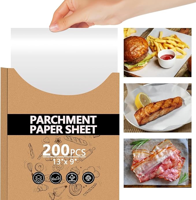 200PCS Thickened Parchment Paper Sheets, 9×13 In Heavy Duty Non-Toxic & Unbleached Parchment Baking Paper for Oven Cooking, Pastry Baking, BBQ Grilling, Catering, Kitchen Daily Use (White)