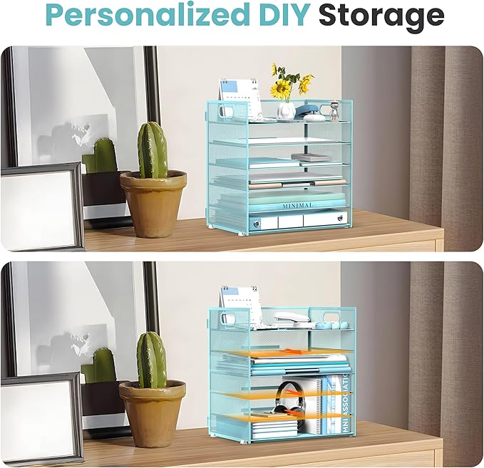 Daltack 6 Tier Paper Organizer for Desk, Paper Letter Tray Organizer for Desks, Mesh Desk File Organizers with Handle for Office, Home, School, Blue, 2 Pack