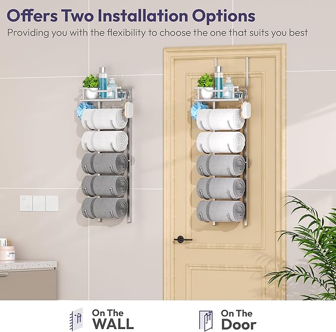 SWTYMIKI Over The Door Towel Rack - 6 Tier Towel Racks for Bathroom Wall Mounted, Towel Holder with Shelf, Hanging Rolled Towel Storage Organizer for Small Bathroom, Camper, RV, Sliver