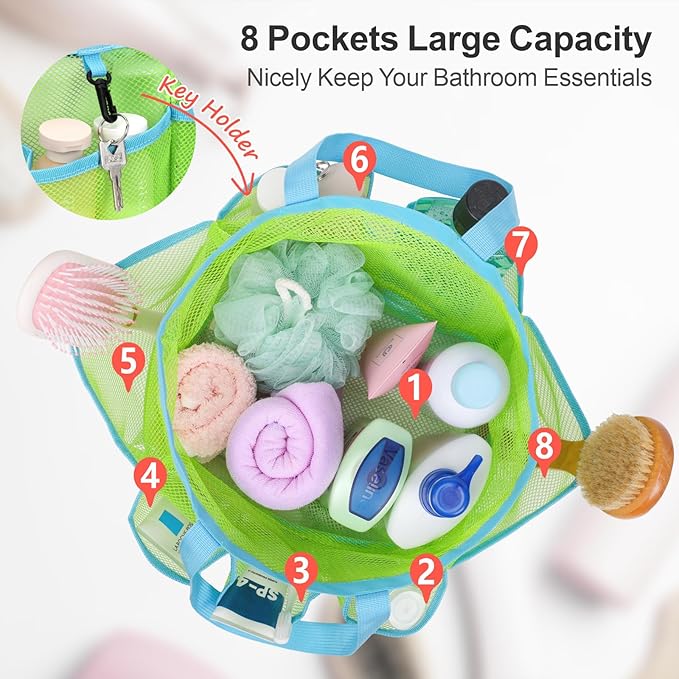 F-color Mesh Shower Caddy Portable with Drawstring - Large 8 Pockets Dorm Room Essentials for Guys Girls with S Hook, Shower Bag Basket Tote for College Camping Gym Travel Toiletry Bathroom, Green