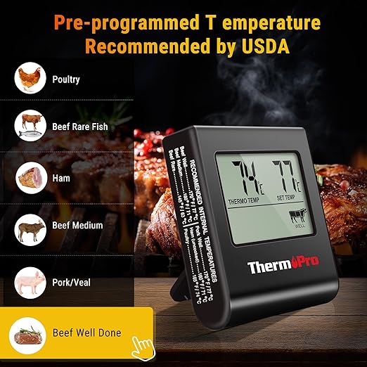 TempPro TP16H Large LCD Digital Meat Thermometer for Cooking, Smoking, Grilling, BBQ Food Thermometer with Clock Timer and Stainless Steel Probe, Black