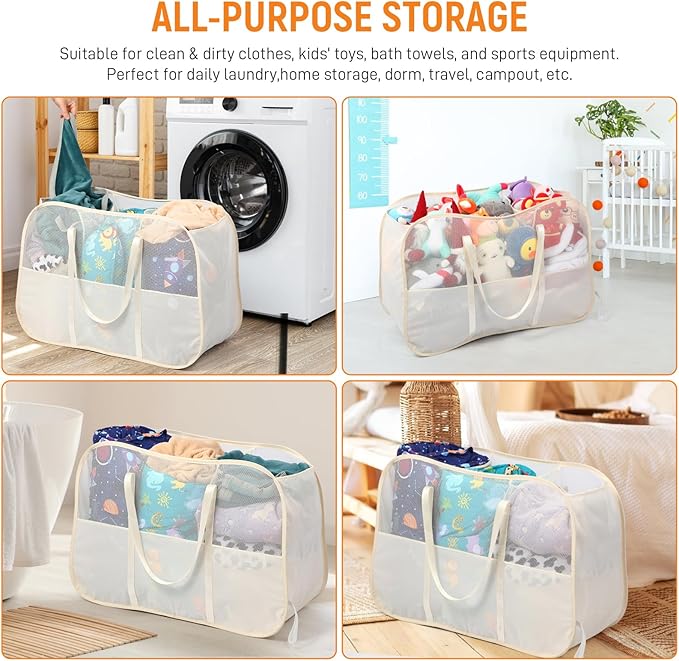 Collapsible Laundry Baskets with 3 Compartment, 150L Tear-proof Pop Up Hamper, Foldable Laundry Basket with Tote Handles, Dirty Clothes Hamper for Laundry, Bedroom, Bathroom, Dorm Beige