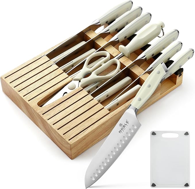 Knife Set with Block, N NOBLE FAMILY 16Pcs Kitchen Knives Drawer Organizer Set with Sharpener, Cutting Board, Anti-Slip Chef Knives Set with 6Pcs Steak Knives, Black