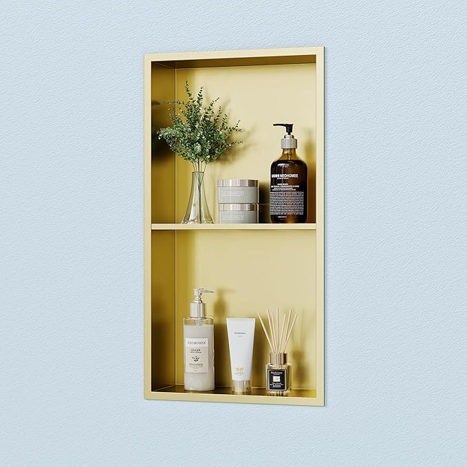 Neodrain Shower Niche Double Shelf Stainless Steel No Tile Needed Bathroom Niches Recessed in Wall, 2-Tier Recessed Wall Niche Waterproof Cubby(12X24Inch Golden)