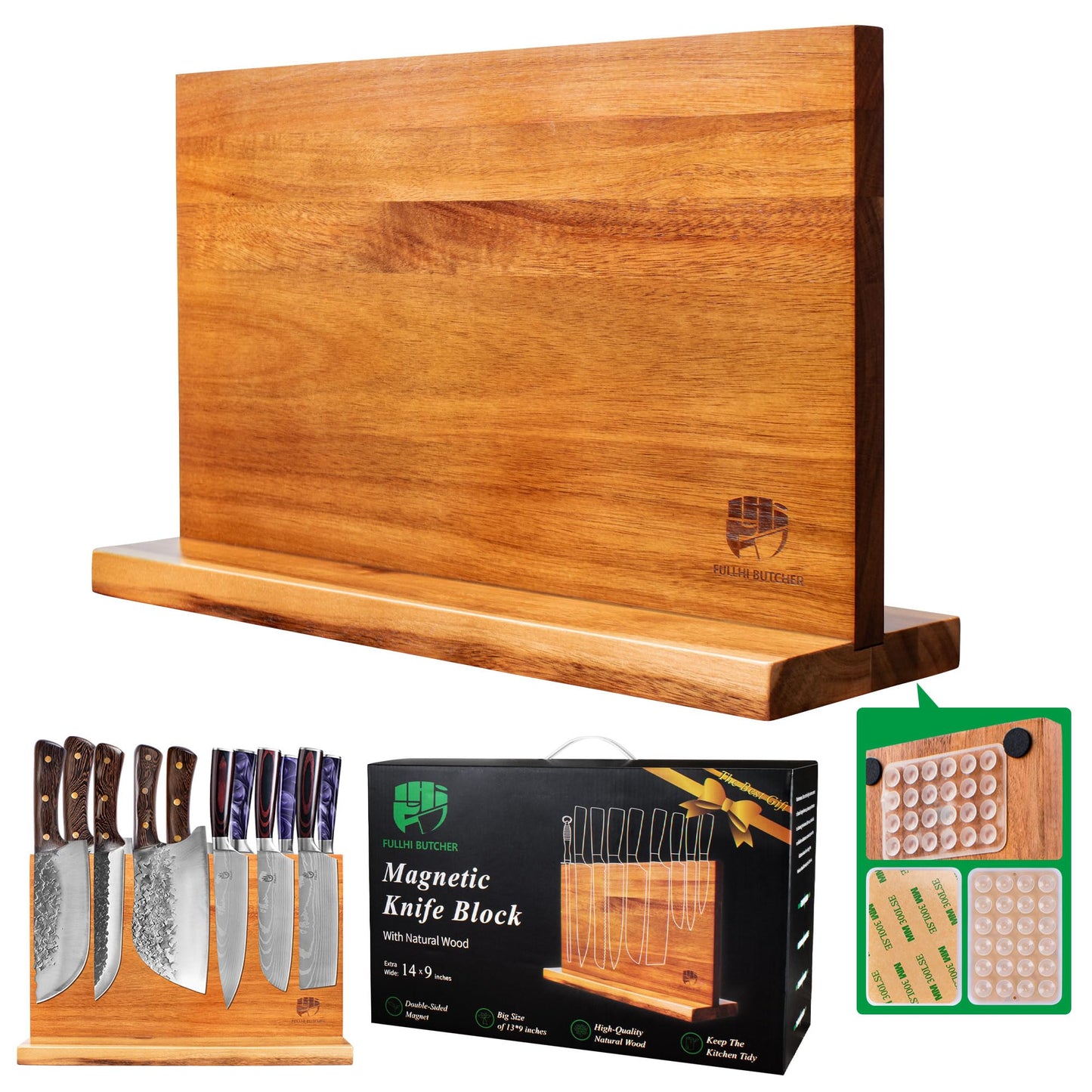 FULLHI Kitchen Magnetic Knife Block Holder Magnetic Strip Natural Wood