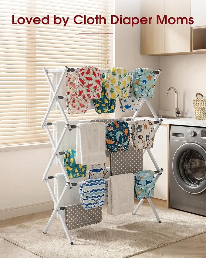 Foldable Clothes Drying Rack – Metal Laundry Drying Rack with Non-Slip Feet, 3-Tier Space-Saving Clothing Rack for Laundry Organization, Indoor & Outdoor Use, 11.4"D x 29.1"W x 37.4"H, White