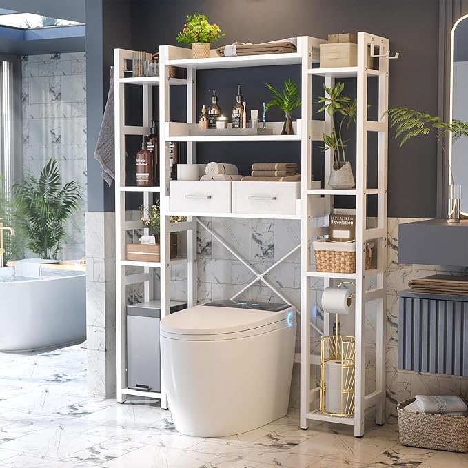 Over The Toilet Storage with 2 Drawers - 11 Tier Bathroom Organizer Freestanding Space Saver Storage Rack with Adjustable Shelf Above Toilet Stand with 4 Hooks for Restroom, Laundry, White