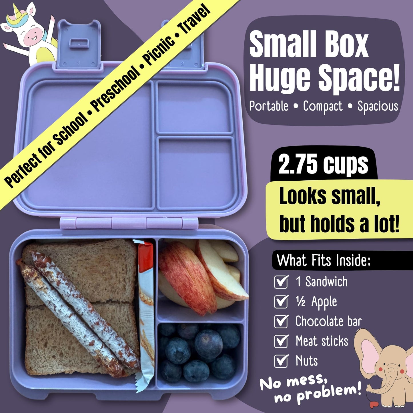 BEARFOOT Kids Lunch Box with Compartments – Compact & Lightweight | Leak-Proof, BPA-Free, Dishwasher Safe | Hand-Drawn Design for Preschool, School, Travel (Sticker Purple, 2.75 Cups)