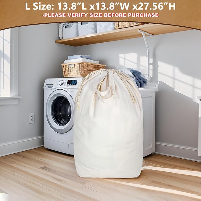 Canvas Laundry Bags with Handles & Square Base 13.8"Lx13.8"Wx27.6"H, Large Heavy Duty Laundry Hamper Bag, College Dorm Washable Drawstring Canvas Dirty Clothes Sack (Beige,1 Pack)