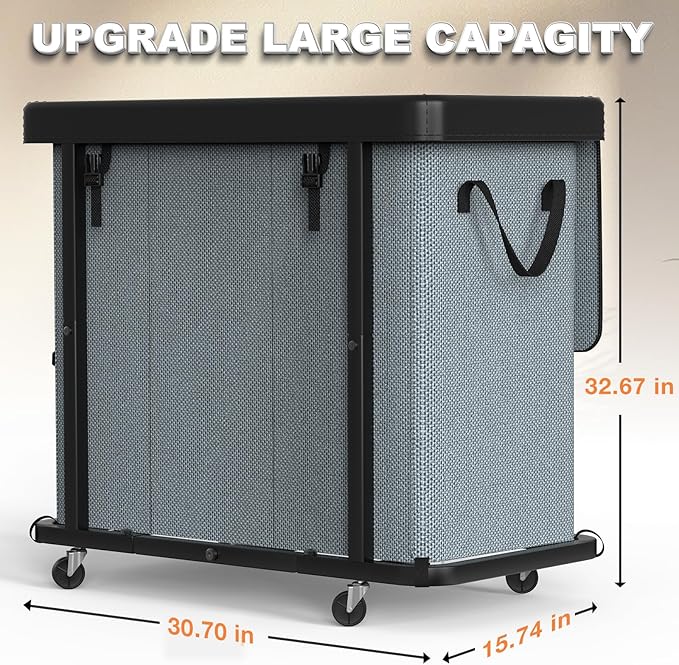 230L (60 Gal) Large Fashion Laundry Basket with Wheels, Leather Patchwork Laundry Sorter 3 Section, Sturdy Metal Frame, Removable Washable Bag, Tall Clothes Sorter for Bedroom - Gray