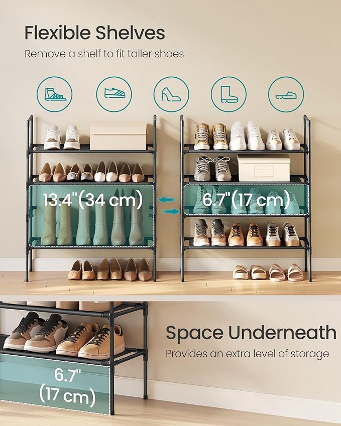 SONGMICS 4-Tier Shoe Rack, Shoe Storage for Hallway Closet, Slim and Space-Saving, Metal Frame, Non-Woven Fabric Shelves, Black ULSH044BH02
