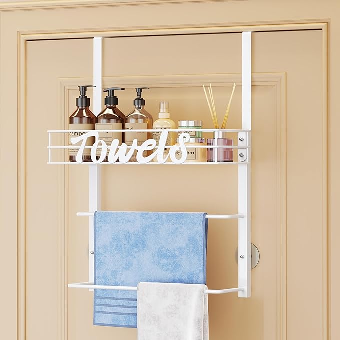 SWTYMIKI SWTYMIKI Over The Door Towel Racks for Bathroom - 5-Tier Wall Mounted Bathroom Towel Storage Organizer Holder with Metal Shelf (3 Tier-White)