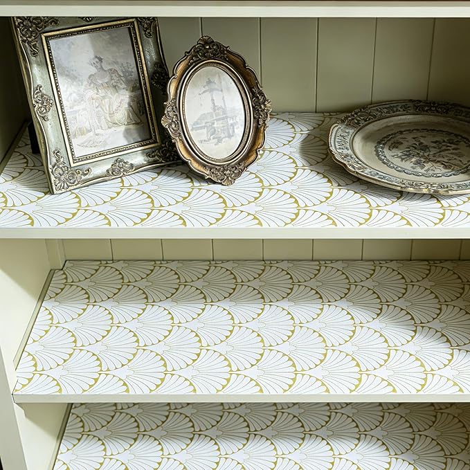 Shelf Liners Non Adhesive Gold Background White Fan-Shaped Pattern - Thickened Non-Slip Easy to Clean Drawer Liner for Kitchen Cabinets, Tool Box,Refrigerator,with Knife & Tape Measure,12in x 10FT