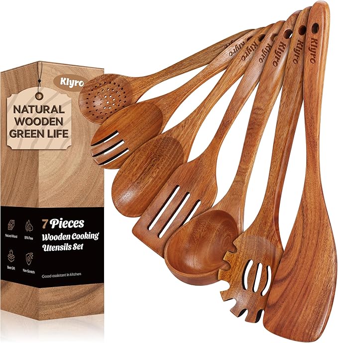 KLYRO 13 Pcs Wooden Cooking Utensil Set with Gift Box – Natural Wooden Spoons for Cooking & Serving, Nonstick Friendly, Perfect Housewarming & Holiday Gift