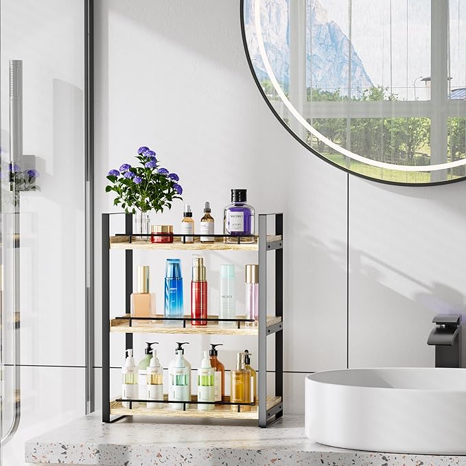 Bathroom Counter Organizer, 3 Tier Wood Countertop Shelf for Vanity, Skincare, Makeup, Kitchen Coffee and Sink Storage, with Durable Metal Bracket (Light Brown)