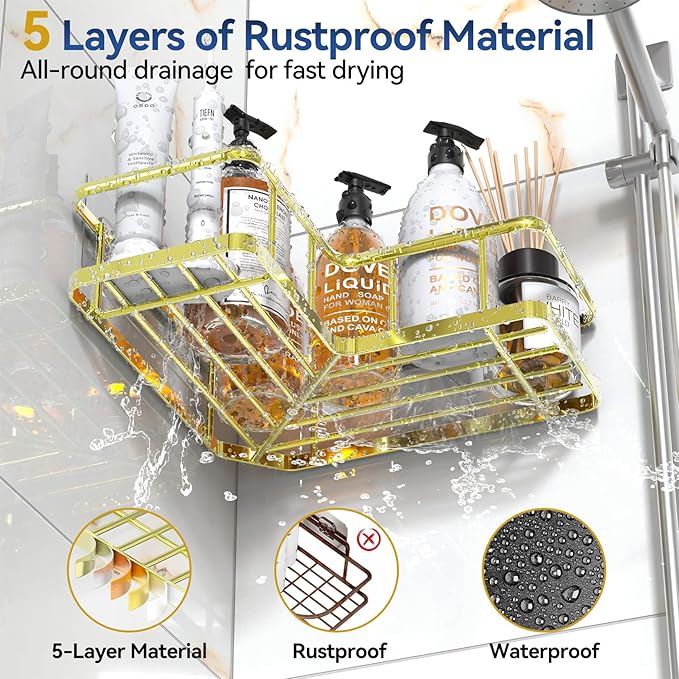 YASONIC Shower Caddy Corner, 3-Pack Adhesive Rustproof Stainless Steel Shower Shelves with Soap Holder, No Drilling Shower Organizer Corner for Dorm, Renters Bathroom, Gold