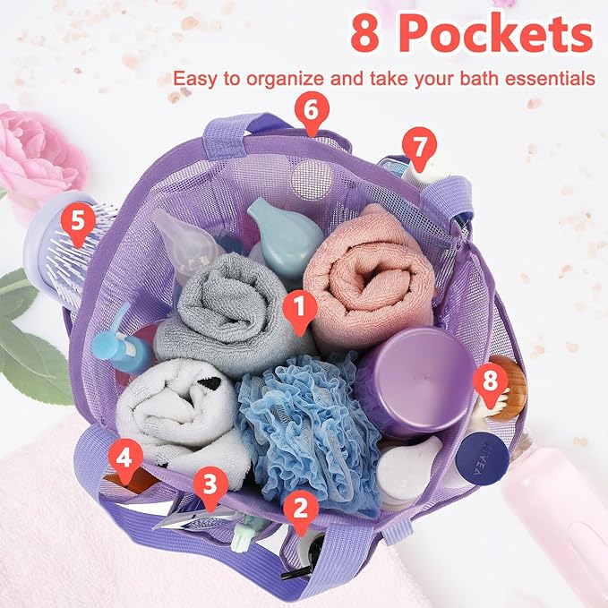 Mesh Shower Caddy Portable for College Dorm Room Essentials, 8-Pocket Large Shower Basket Tote Bag with 2 Handles for Toiletry, Bathroom, Beach, Camp, Gym