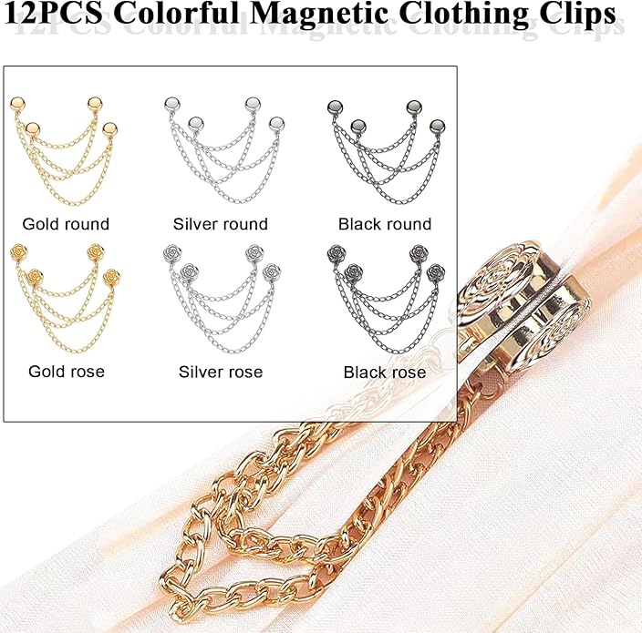 Magnetic Clothing Clips: 12 Pcs Multi-Function Magnetic Shirt Clips with Chain for Women Clothes Sleeves Pants Hijabs Hats Scarfs