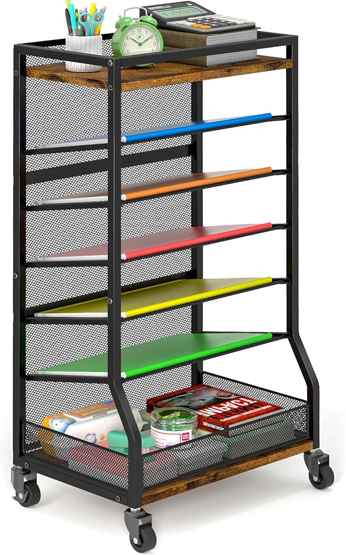 7 Tier Rolling File Cart with Sliding Trays, Wood Metal File Organizer Beside Desk, Free-Standing File Holder, Paper Letter Tray Organizer Mesh Desk Organizer for Home Office School (Patent)
