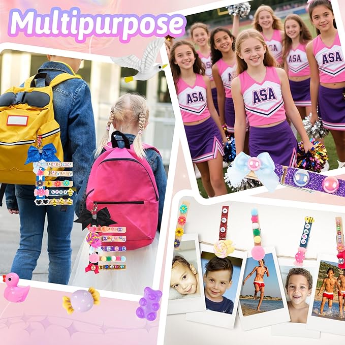 80 Set Cheer Pins Spirit Clips Clothes Wooden Pins for Backpacks Include 90 Mini Resin Animals 30 Mini Bows 500 Beads Cheer Clothespins Decorations Ribbon Team Classroom Cheer Gifts Bulk（Natural）