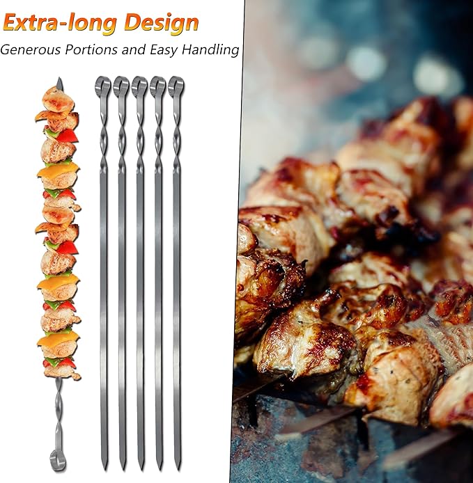 Hakka Stainless Steel Barbecue Skewers, 23.6" Shish Kabob Skewers Heavy Duty 1.5mm Metal Skewers for Grilling Large Wide 9.87mm Reusable Kabob Sticks with NonSlip Ring Handle,Set of 10
