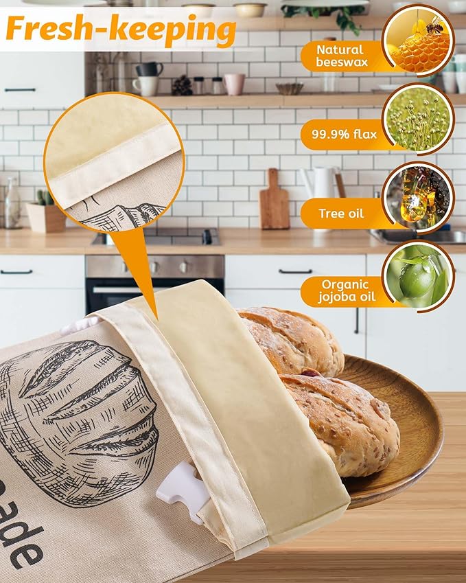 2 Pack Beeswax Bread Bags for Sourdough,Reusable Organic Linen Beeswax Bread Bag for Homemade Sourdough 17 x 12.6 Inches Food Storage Cloth Bag – Freezer-Friendly & Freshness Preservation (Beeswax)