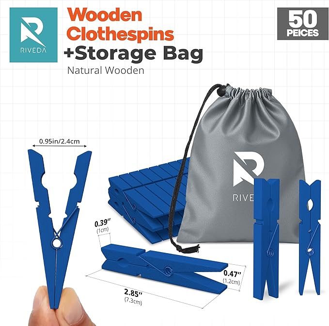 RIVEDA 50pcs Colored Wooden Clothes Pins, 2.9inch, Clothespins for Classroom, Clip Hanging Photos, DIY Clips for Crafts, Decorations (Dark Blue)