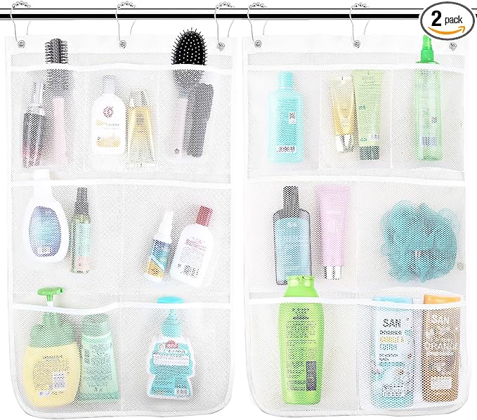 Shower Organizer, Mesh Shower Caddy Quick Drying Hanging, 7 Pockets With 6 Hooks, Hanging Portable, Can Store Soap, Loofah Shampoo and Cruise Ship Essentials, 17 Inch by 26 Inch, White, 2 Pack