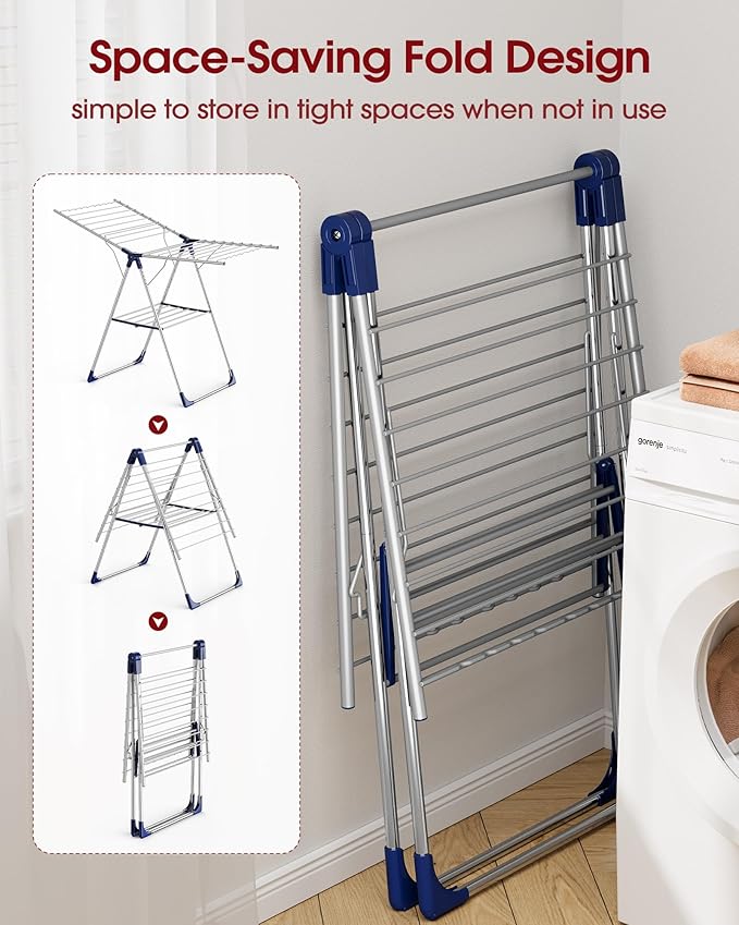 Clothes Drying Rack with Height-Adjustable Wings, Metal Foldable Laundry Dryer Stand for Clothing & Bedding, Free-Standing Collapsible for Indoor & Outdoor Use, 55.5" L × 22.8" W, Silver Blue