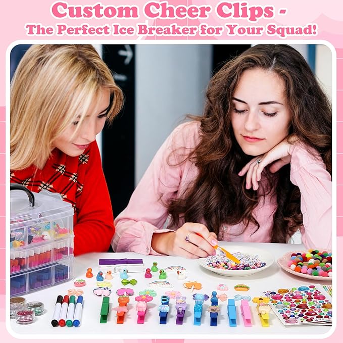 Cheer Pins Spirit Clip Set, 100 Colored Wooden Clothes Pins 340 Mini Resin Animals Ducks Letter Beads Bows Stickers Pen, Cheer Pin Decor for Cheerleading Backpack Ribbon Team Classroom Cheer Gift Bulk