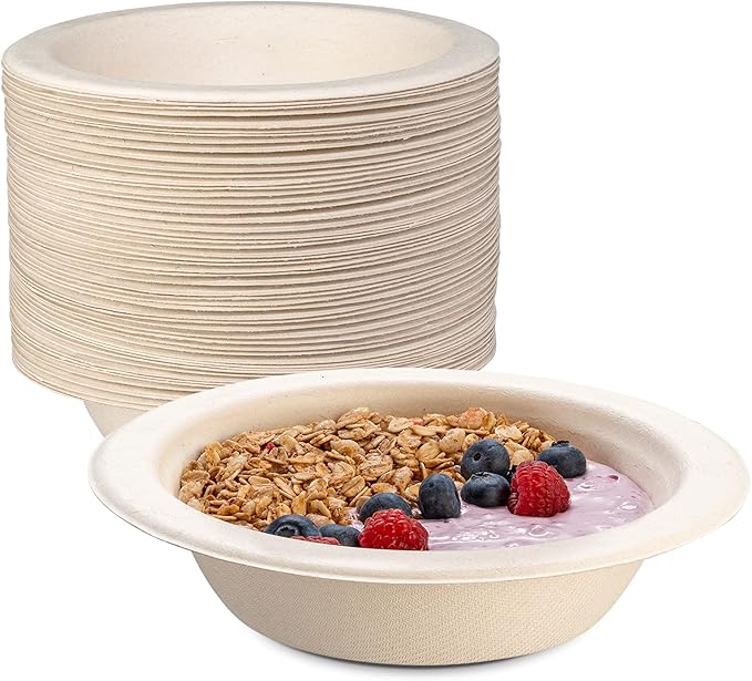 GUSTO 100% Compostable 16 oz. Heavy-Duty Paper Bowls [125 Pack] Eco-Friendly Disposable Sugarcane - Kraft……