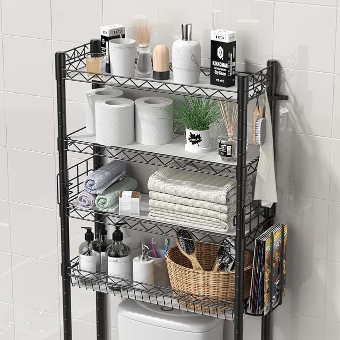Over Toilet Bathroom Organizer, Adjustable 4-Tier Over The Toilet Storage Shelf Sturdy Bathroom Shelves, Freestanding Above Toilet Storage Rack Stable Bathroom Space Saver, Black