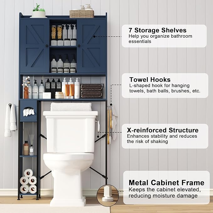 EasyCom Over The Toilet Storage Cabinet with Metal Frame and 7 Storage Shelves, Bathroom Organizer with Adjustable Shelves and Paper Holder, Farmhouse Storage Cabinet for Bathroom, Laundry, Dark Blue
