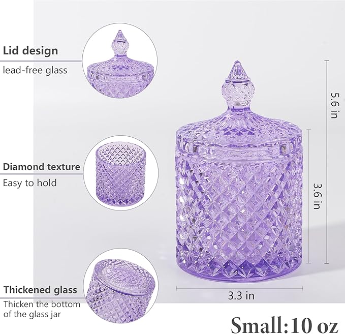 2 Pack Qtip Holder Thick Glass Apothecary Jars with Lid for Bathroom Decor Storage Organizer for Cotton Swabs, Balls, Pads, Floss Picks, Candy, Jewelry, Purple