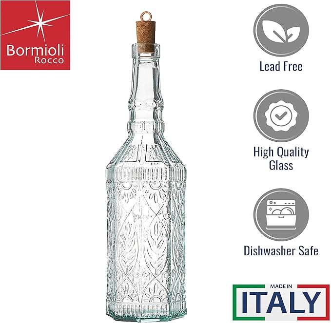 Bormioli Rocco Country Home Fiesole Bottles - Set of 2, 24 oz Decorative Glass Containers with Stopper for Water, Oil & Vinegar Storage - Italian Glassware for Kitchen & Dining
