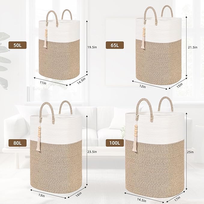 65L Woven Laundry Basket for Clothes, Large Rectangle Laundry Hampers with Beads Tassel, Nursery Storage Basket for Toys, Tall Dirty Clothes Hamper for Bedroom Aesthetic, Laundry Room Organization
