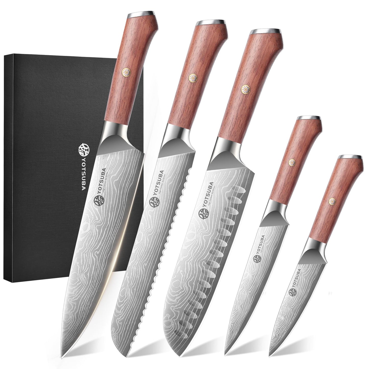YOTSUBA 7PCS Japanese Kitchen Knife Set with Genuine Natural Rosewood Ergonomic Handle & Gift Box, Professional Ultra Sharp High Carbon Stainless Steel Knives for Cooking