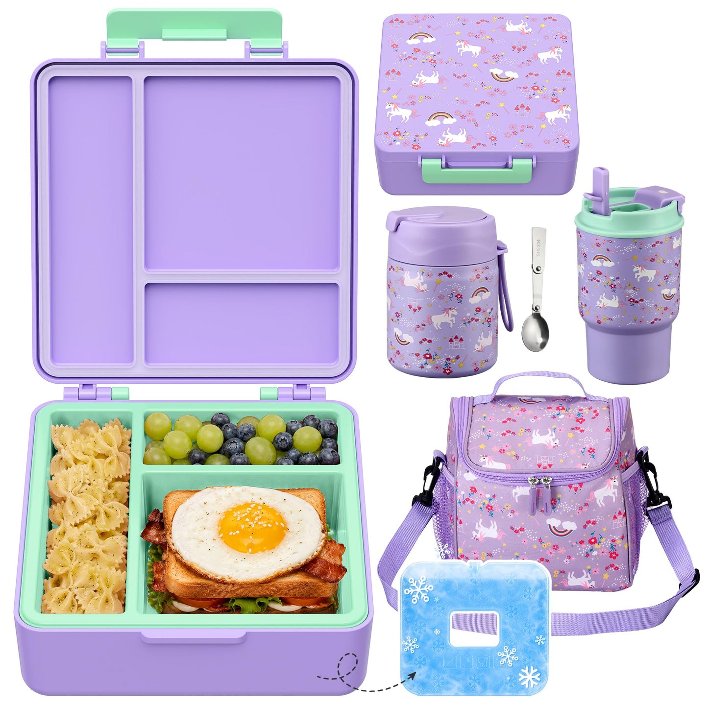 Pawtong Lunch Box Set with Bento Box Container, 17OZ Stainless Steel Food Soup Thermo, Kids Water Bottle & Portable Insulated Lunch Bag, Leakproof, Hot/Cold Retention for School, Travel (Dinasour)