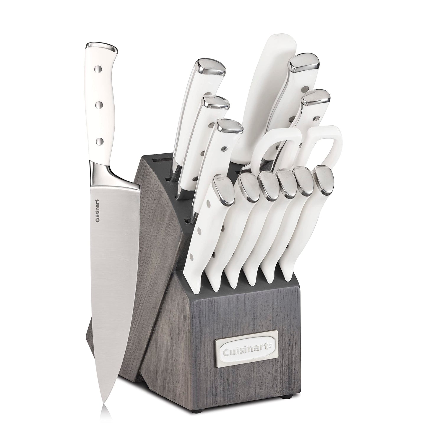 Cuisinart 15-Piece Knife Set with Block, High Carbon Stainless Steel, Forged Triple Rivet, White, C77WTR-15P