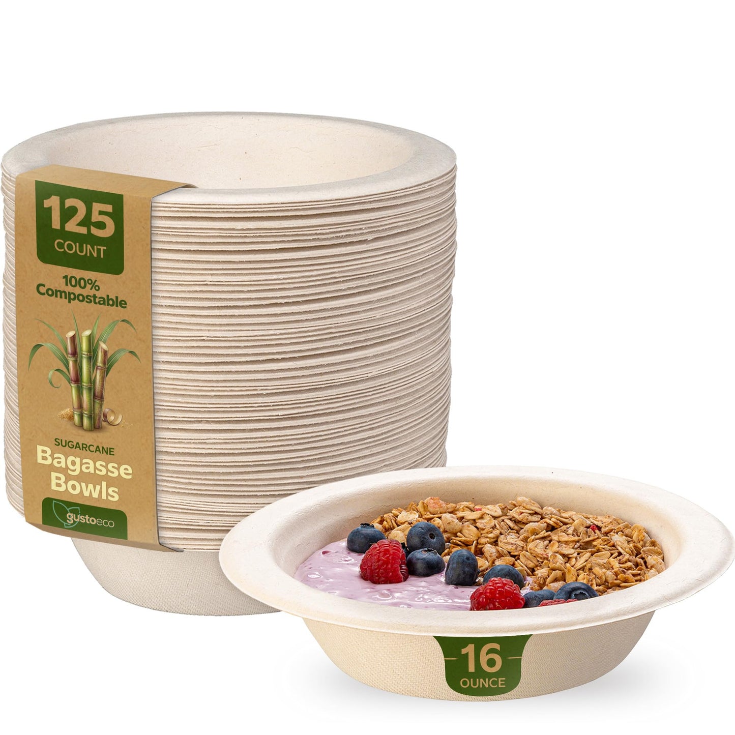 GUSTO 100% Compostable 16 oz. Heavy-Duty Paper Bowls [125 Pack] Eco-Friendly Disposable Sugarcane - Kraft……