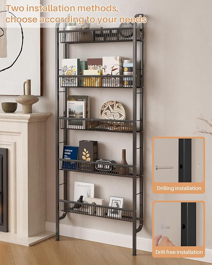 UMDONX Behind The Door Bathroom Shelf Narrow 5-Tier, Space-Saving Slim Storage Shelf Narrow Shelving Unit for Bathroom and Kitchen Black