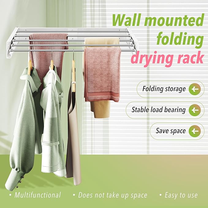 Wall Mounted Drying Rack,32 inches,Foldbale, Clothes Drying Rack,Laundry Drying Rack Wall Mount,Drying Rack Clothing Space Saver,Retractable,Collapsible,Folding Laundry Rack,White