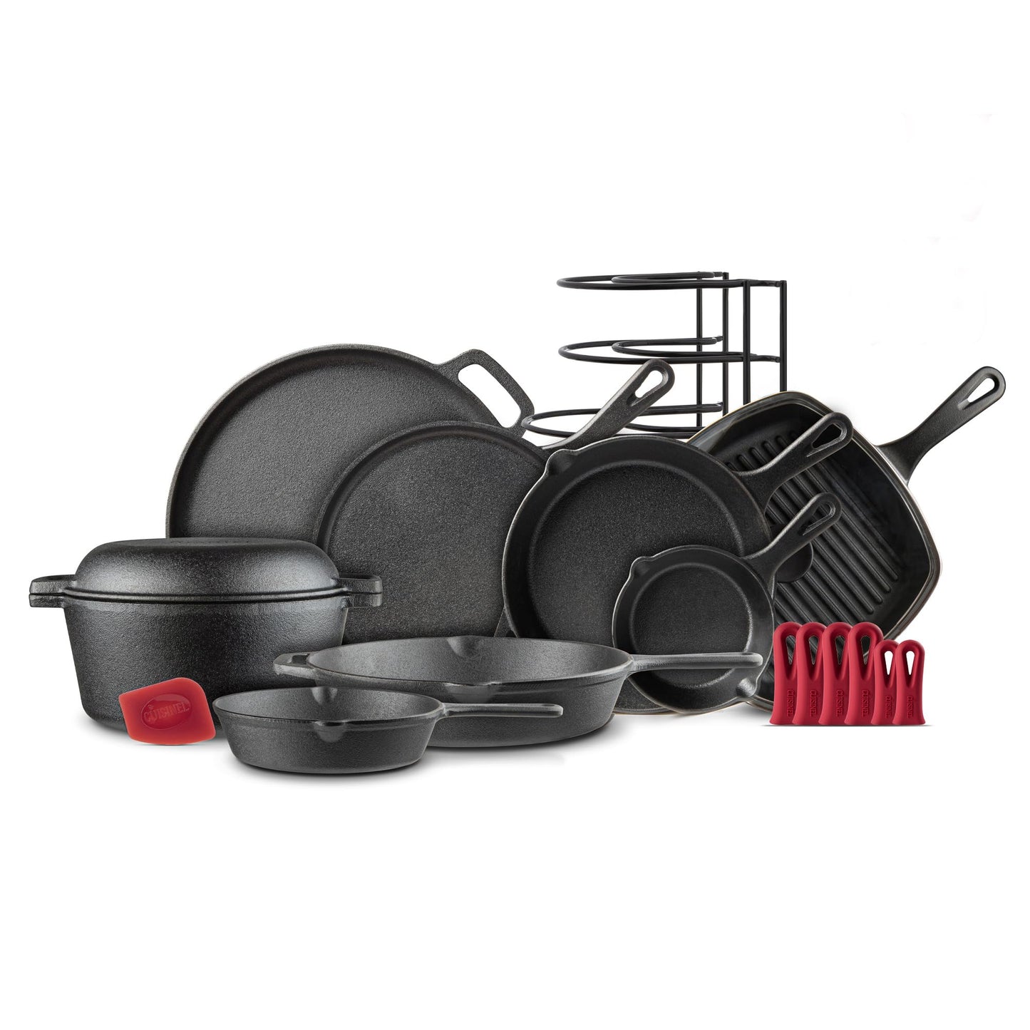 Cuisinel Cast Iron Cookware 18-Piece Set - Pre-Seasoned 6" + 8" + 10" + 12" Skillet + Grill Pan+Lid + Griddle + Pizza Pan + Dutch Oven+Pan Cover + Panrack + Silicone Handle Grips + Pan Scraper/Cleaner