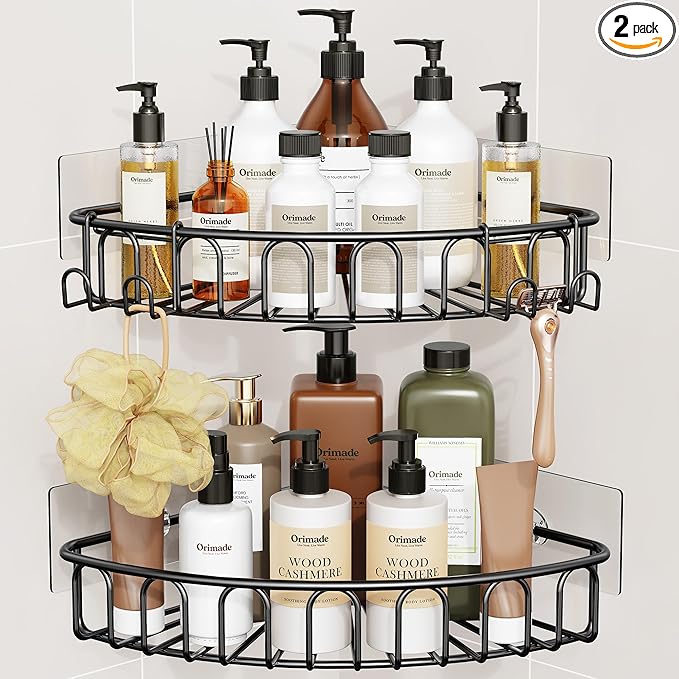 Orimade Corner Shower Caddy Stainless Steel with Hooks Wall Mounted Bathroom Shelf Storage Organizer Adhesive No Drilling 2 Pack, Black Only for 90-Degree Corner