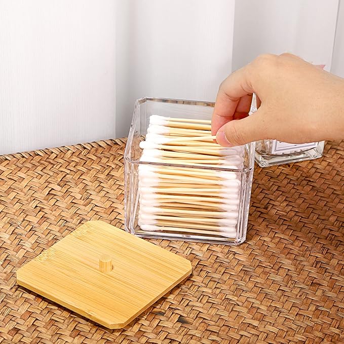 Hipiwe Acrylic Q-Tip Holder Dispenser with Lid Clear Plastic Bathroom Canisters Square Apothecary Jar Set Cotton Swab and Ball Storage Organizer for Cotton Round Pads, Floss