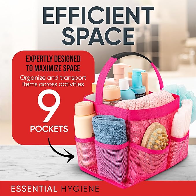 Masirs Shower Caddy Mesh - 9 Pocket Portable Bathroom Organizer Tote for Travel, Gym & Dorm - Collapsible Small Shower Caddy Bag to Hold Toiletries & Essentials (Pink)