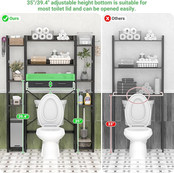 Over The Toilet Storage with 2 Drawers - 11 Tier Bathroom Organizer Freestanding Space Saver Storage Rack with Adjustable Shelf Above Toilet Stand with 4 Hooks for Restroom, Laundry, Grey Oak
