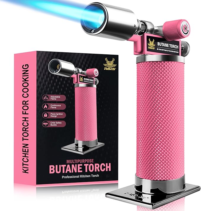 RAVS Butane Torch Lighter Refillable, White Kitchen Torch with Adjustable Flame, Premium Metal Creme Brulee Torch for Baking, Welding, Cooking Torch Butane Not Included